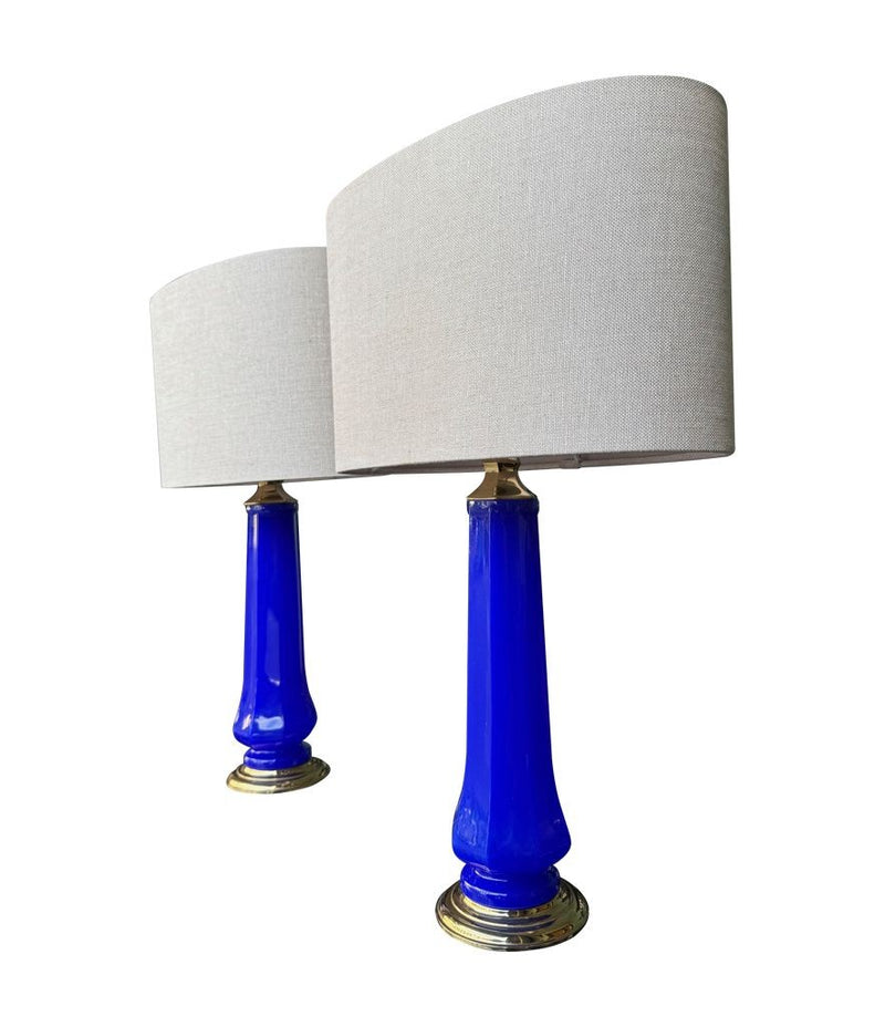 A pair of 1960s cobalt blue opaline Murnao glass lamps by Gino Cenedese