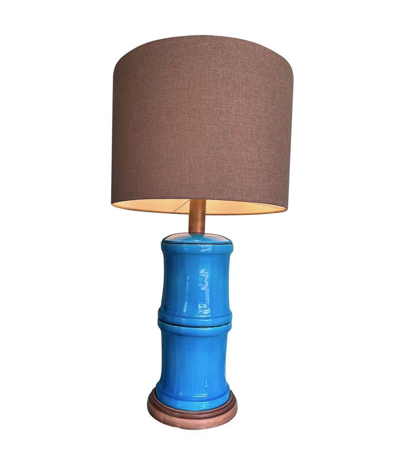 Mid Century table lamp 1970s large Italian faux bamboo ceramic blue lamp with brass fittings - Mid Century Lighting 