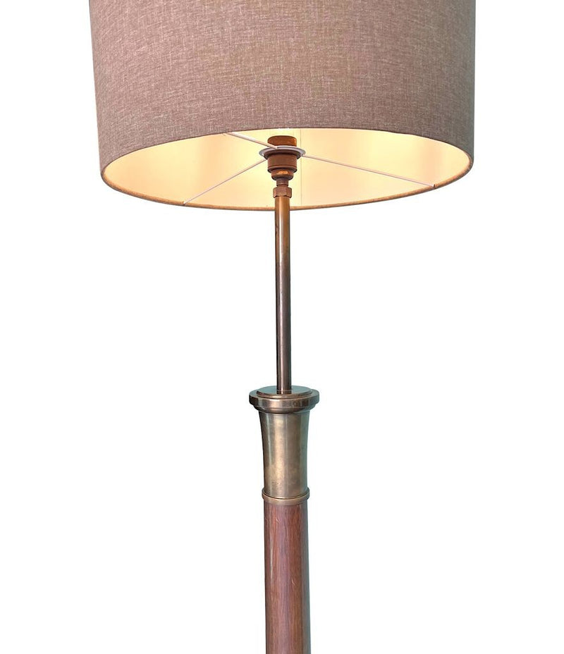 Mid Century Floor Lamp wooden and brass with natural linen drum shade - Mid Century Lighting