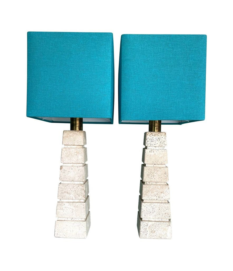 Mid Century table lamps with Travertine bases and brass fittings with blue linen shades - Mid Century Lighting
