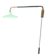 An Italian 1950s Stilnovo brass extendable telescopic wall light with green stitched leather arm