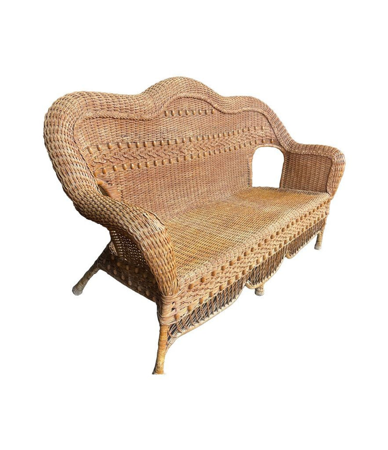 Curvaceous vintage wicker sofa French 1960s with beaded detail