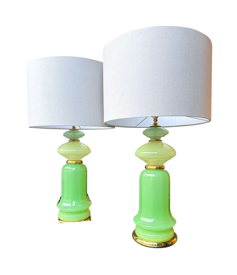 A pair of 1960s Murano glass green opaline lamps with brass base and fittings