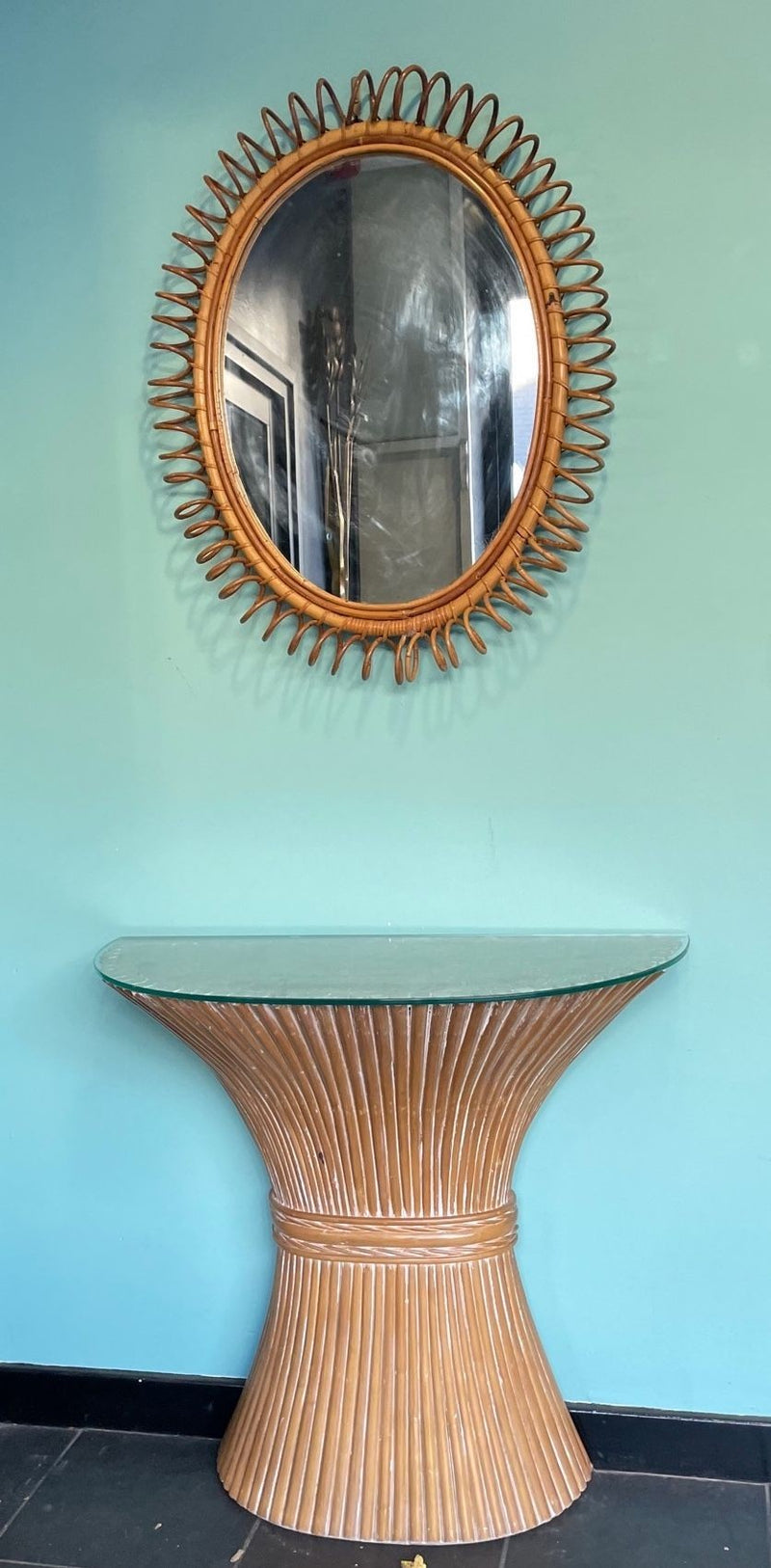 A faux bamboo demilune Mid Century console table shaped as a tied wheat sheaf, with glass top - Mid Century Furniture