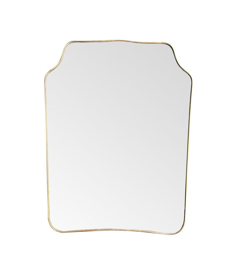 A large original 1950s Italian shield mirror with brass frame, original plate and solid wood back