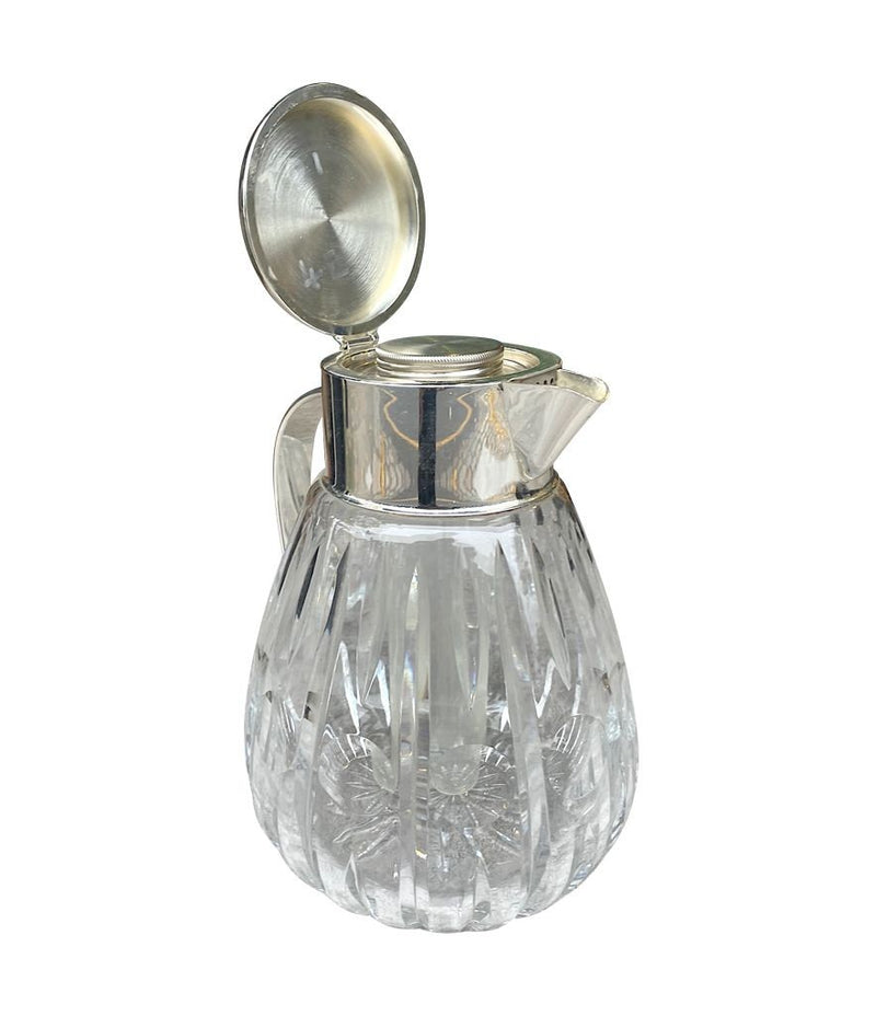 Mid Century Crystal lemonade jug with silver plated handle and central ice tube - Vintage Barware
