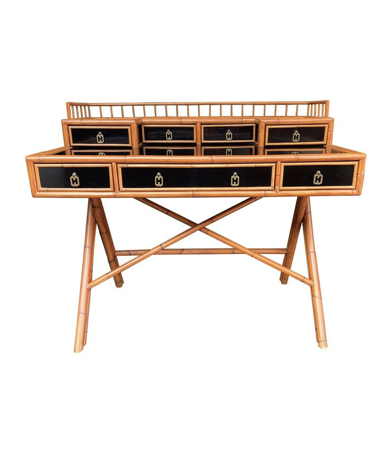 Mid Century Bamboo, brass and black laminate desk with galleried top - Mid Century Furniture - Ed Butcher Antiques Shop London