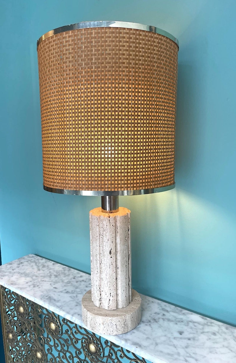 Mid Century travertine Lamp by Fratelli Manelli with rattan shade - Mid Century Lighting - Ed Butcher Antiques Shop London