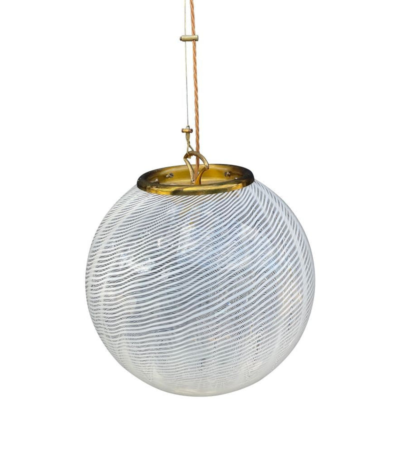 Mid Century Murano Glass Pendant Light by Venini with white wavy swirl design with brass fittings - Mid Century Lighting 