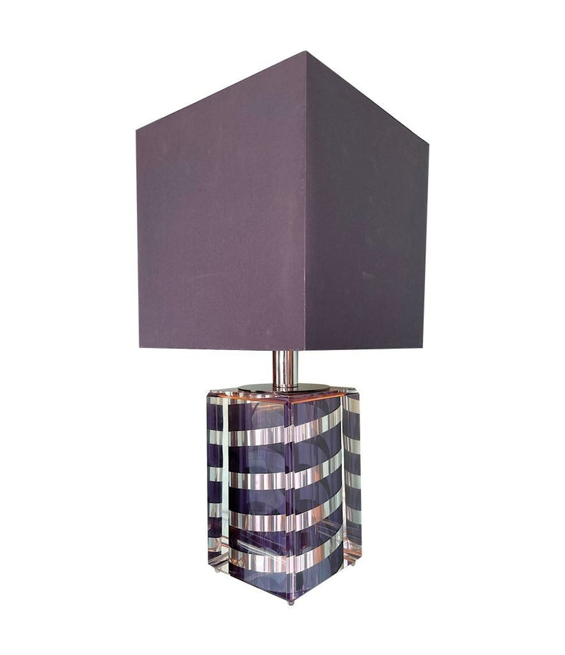 A large Mid Century Table lamp made of lucite and chrome with purple and chrome stripes and a black shade - Mid Century Lighting - 1970s table lamp