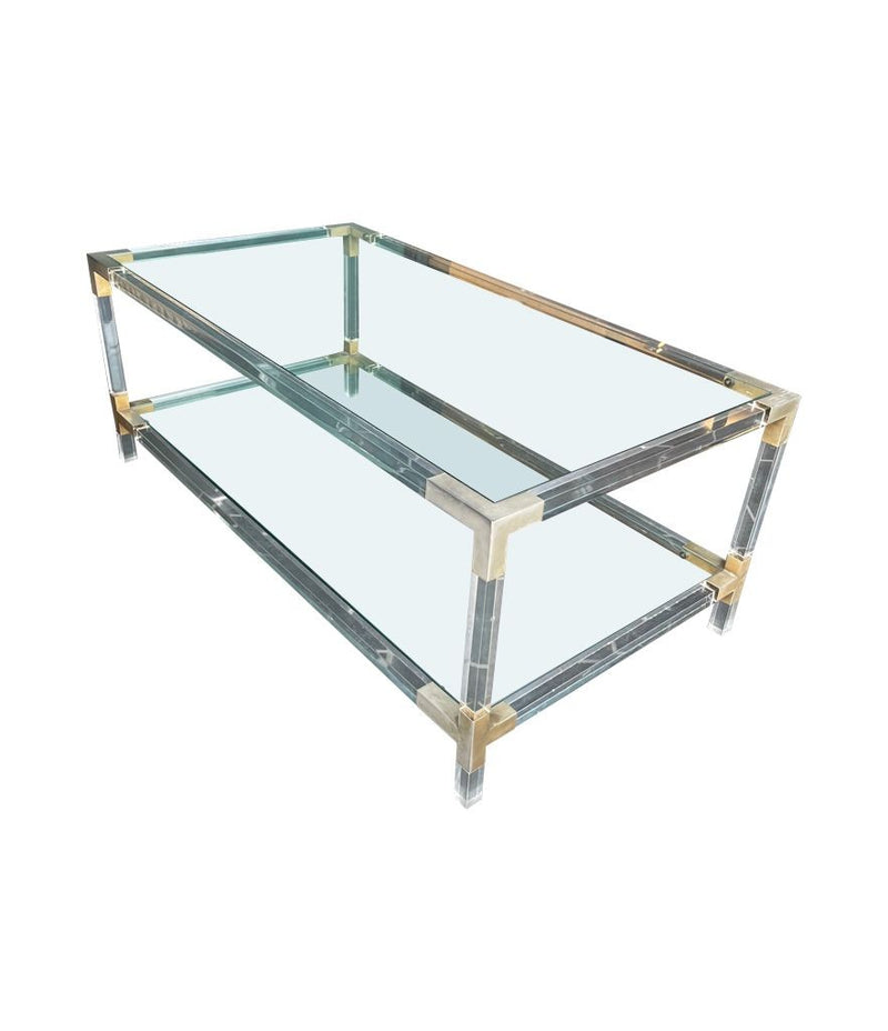 A French Mid Century lucite and brass two tiered coffee table with glass plates - Mid Century Furniture