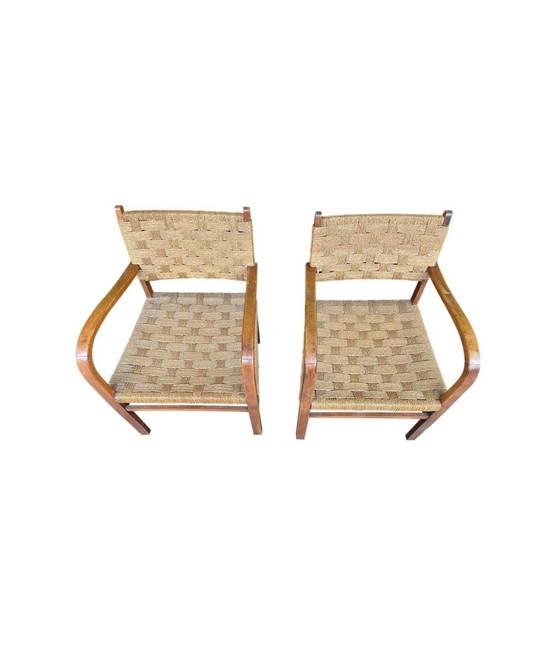 A pair of Mid Century French bent wood chairs in the style of Erich Dieckmann with original woven rope seats - Mid Century Furniture - Mid Century Chairs