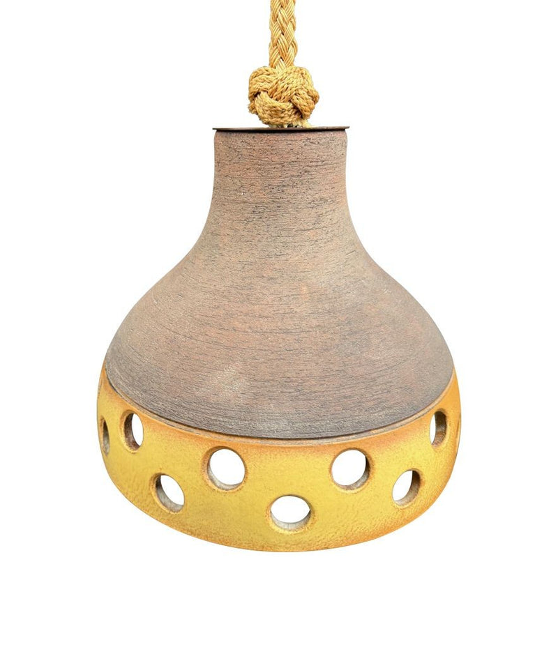 A set of three 1960s French glazed ceramic ceiling lights suspended from thick knotted rope