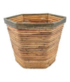 An Italian 1970s woven pencil reed hexagonal bamboo planter with brass top