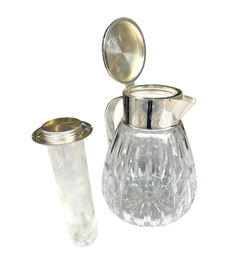 Mid Century Crystal lemonade jug with silver plated handle and central ice tube - Vintage Barware