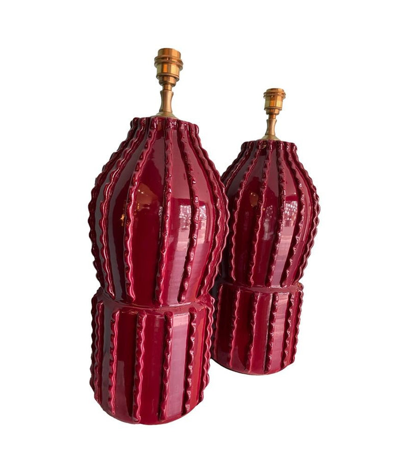 Vintage Italian Ceramic Lamps in deep Bordeaux red - Vintage Lighting - Vintage Lamps - Ed Butcher Antiques Shop London 