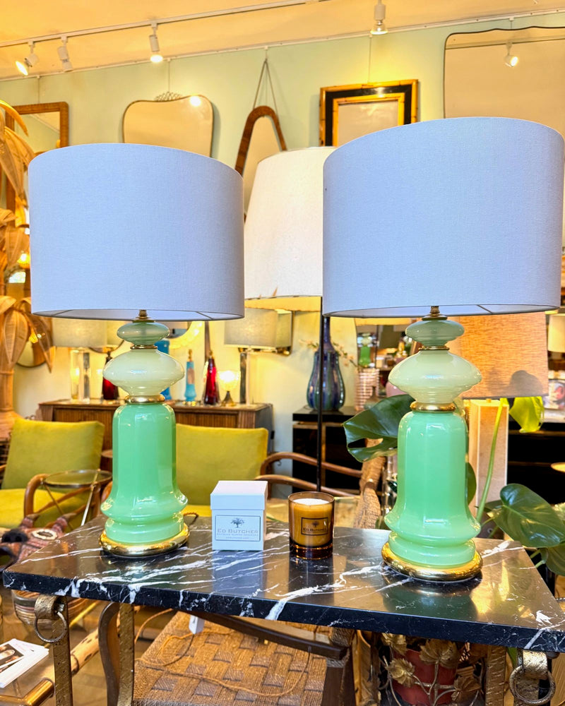 A pair of 1960s Murano glass green opaline lamps with brass base and fittings
