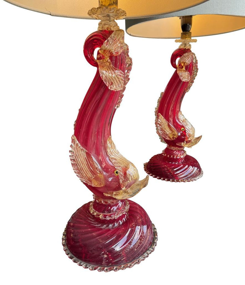 A wonderful pair of 1940s red Murano dolphin lamps by Barovier & Toso