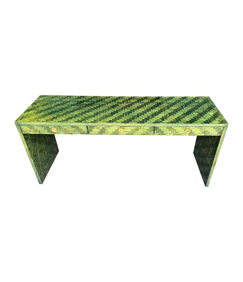 A 1970s woven green rattan three drawer console table by Vivai Del Sud