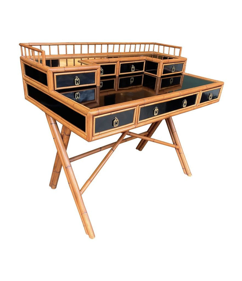 Mid Century Bamboo, brass and black laminate desk with galleried top - Mid Century Furniture - Ed Butcher Antiques Shop London