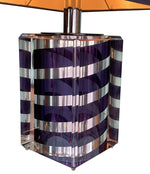 A large Mid Century Table lamp made of lucite and chrome with purple and chrome stripes and a black shade - Mid Century Lighting - 1970s table lamp