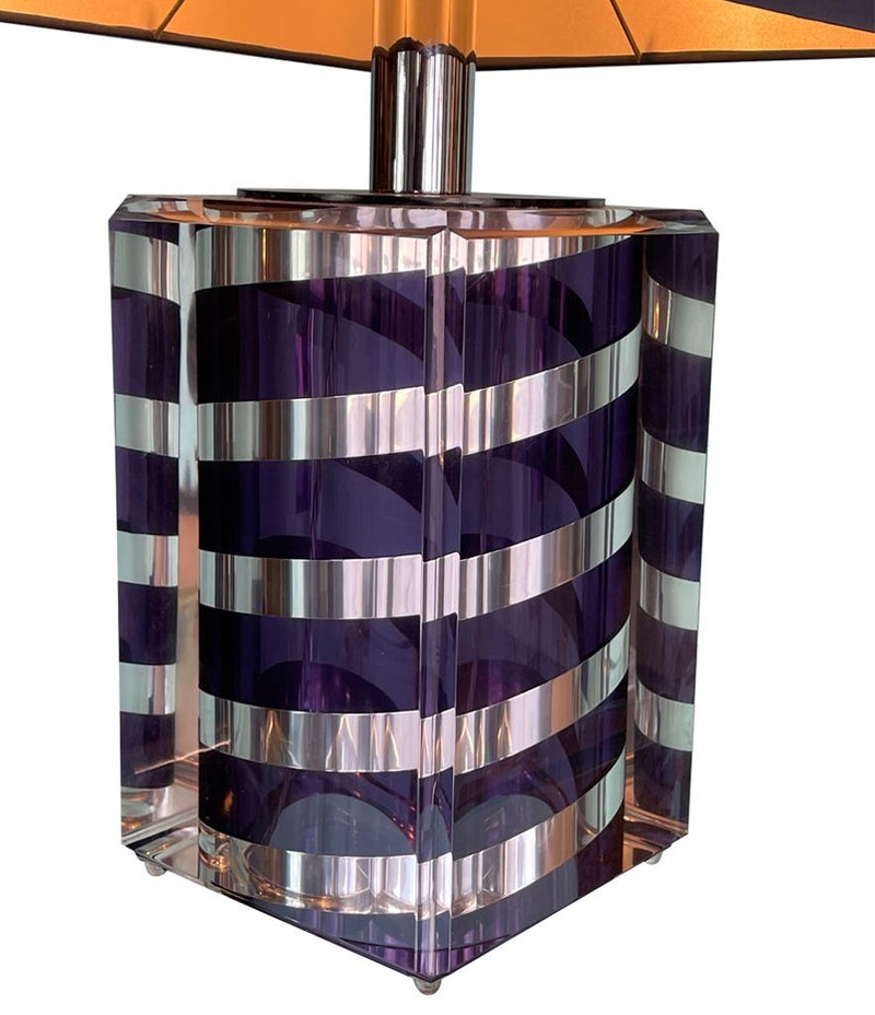 A large Mid Century Table lamp made of lucite and chrome with purple and chrome stripes and a black shade - Mid Century Lighting - 1970s table lamp