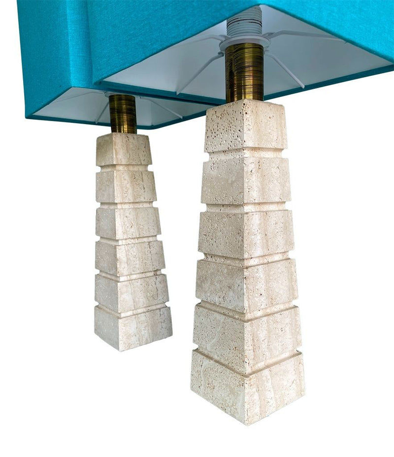 Mid Century table lamps with Travertine bases and brass fittings with blue linen shades - Mid Century Lighting