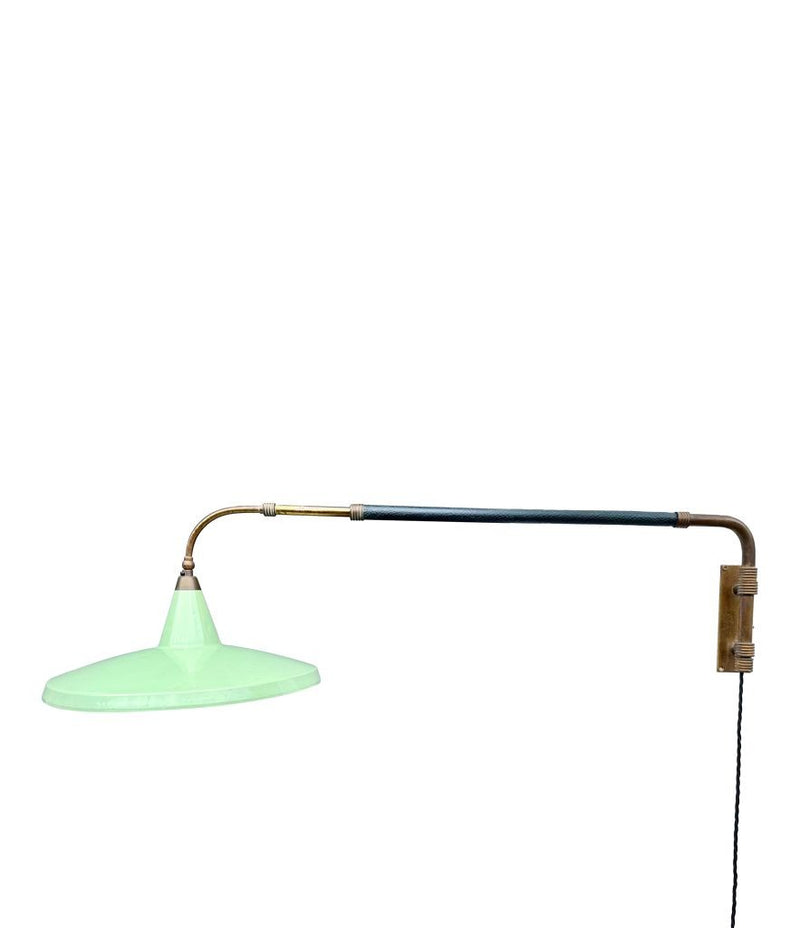 An Italian 1950s Stilnovo brass extendable telescopic wall light with green stitched leather arm