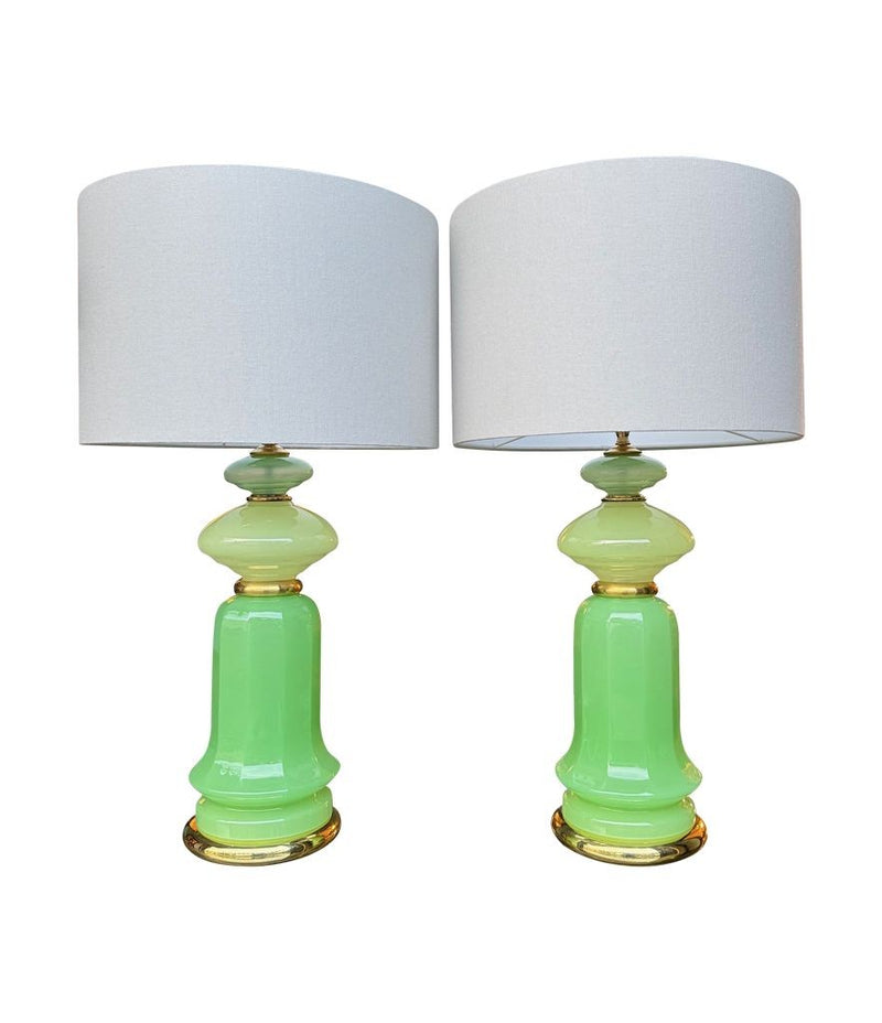 A pair of 1960s Murano glass green opaline lamps with brass base and fittings