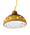 A set of three 1960s French glazed ceramic ceiling lights suspended from thick knotted rope