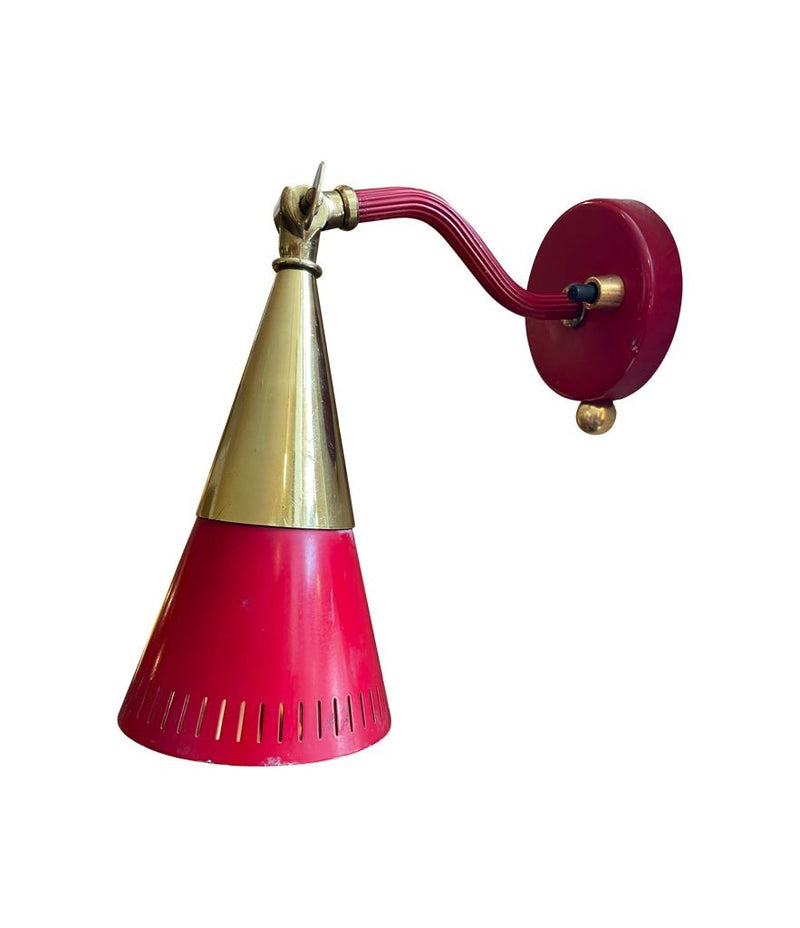 A pair of Holm Sorensen 1950s red enamelled metal and brass adjustable wall lights
