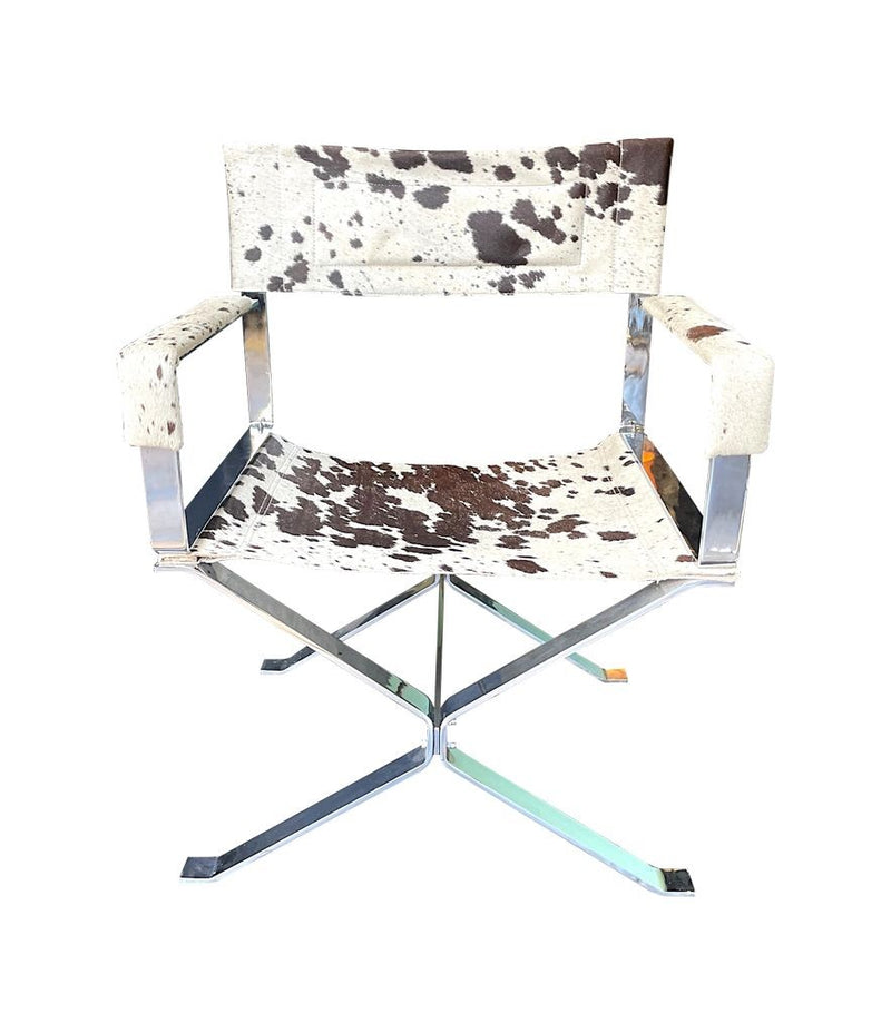 A pair of chrome directors chairs by Alessandro Albrizzi with cowhide seats, arms and backs - Mid Century Furniture