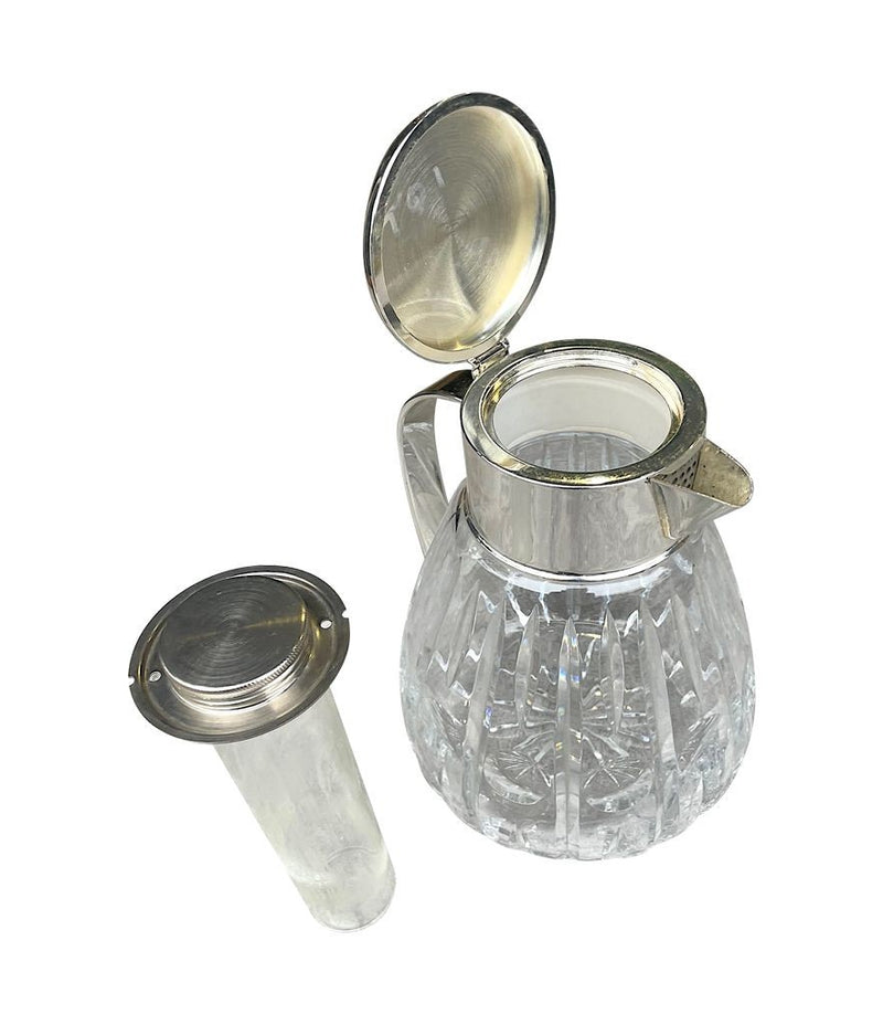 Mid Century Crystal lemonade jug with silver plated handle and central ice tube - Vintage Barware