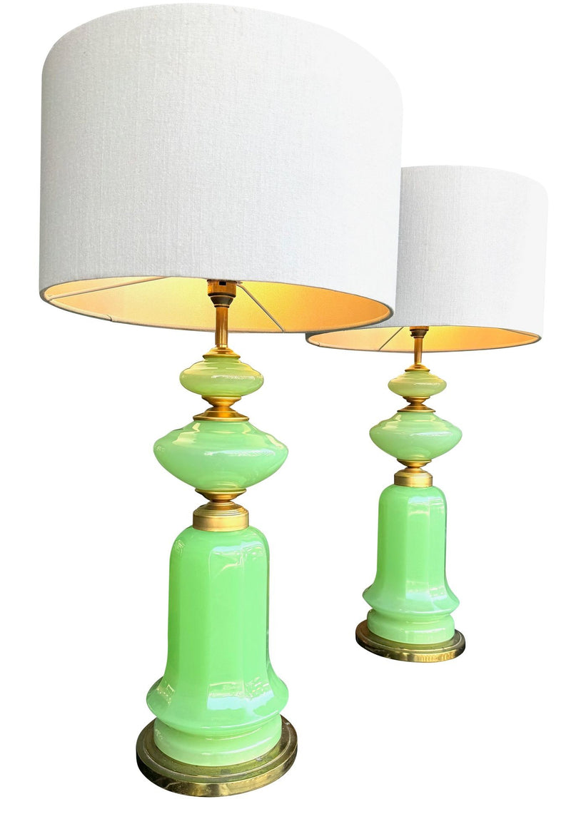 A large pair of 1960s opaline Murano lime green glass lamps by Gino Cenedese