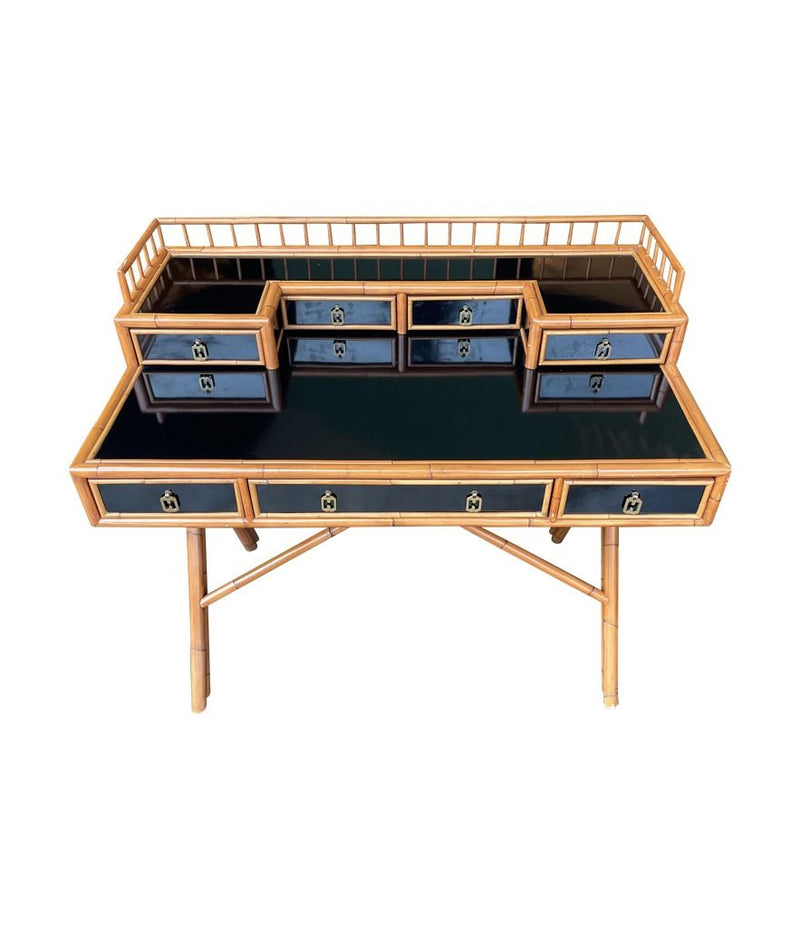 Mid Century Bamboo, brass and black laminate desk with galleried top - Mid Century Furniture - Ed Butcher Antiques Shop London