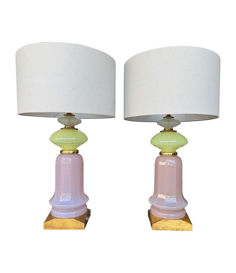 A pair of large large lavender and green Murano opaline lamps by Cenedese
