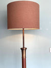 Mid Century Floor Lamp wooden and brass with natural linen drum shade - Mid Century Lighting