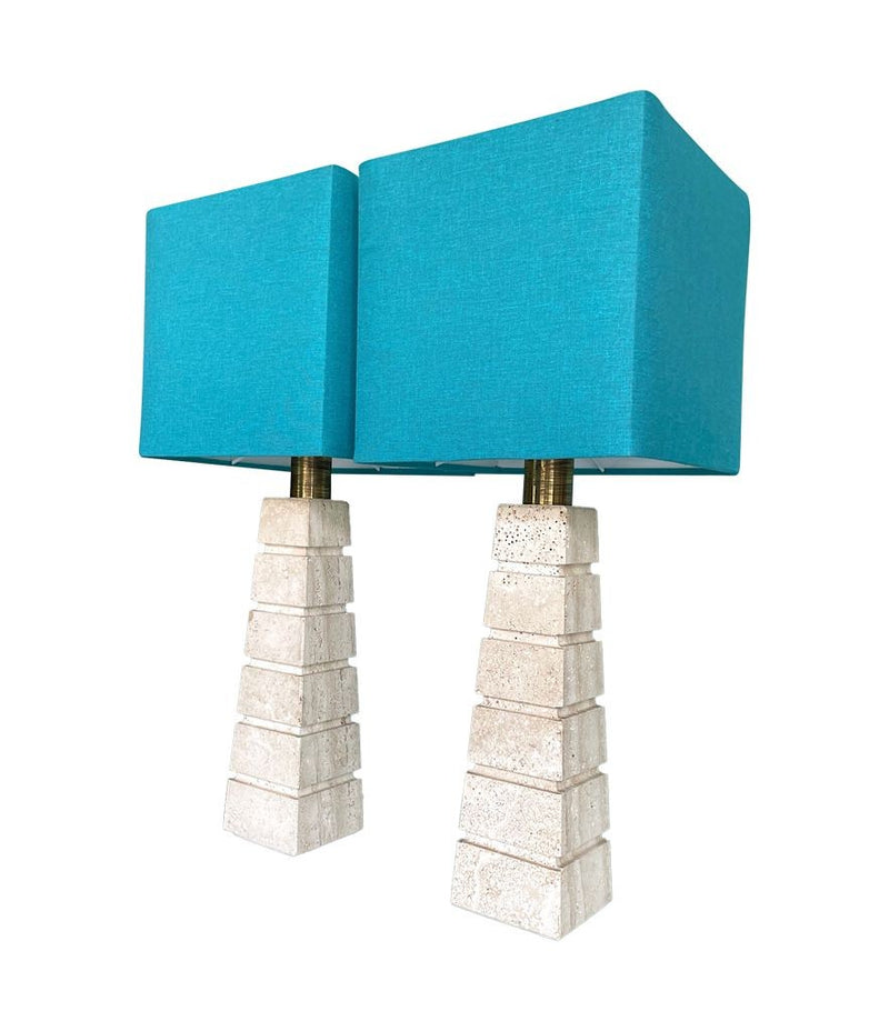 Mid Century table lamps with Travertine bases and brass fittings with blue linen shades - Mid Century Lighting