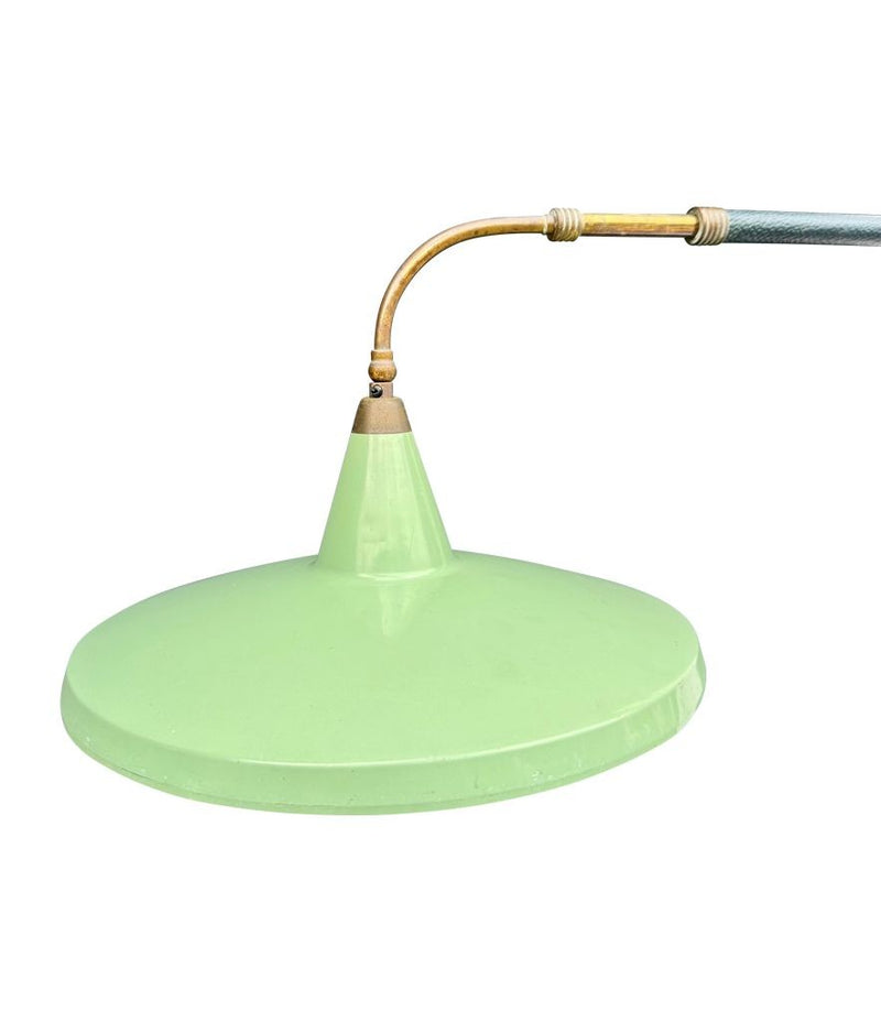 An Italian 1950s Stilnovo brass extendable telescopic wall light with green stitched leather arm