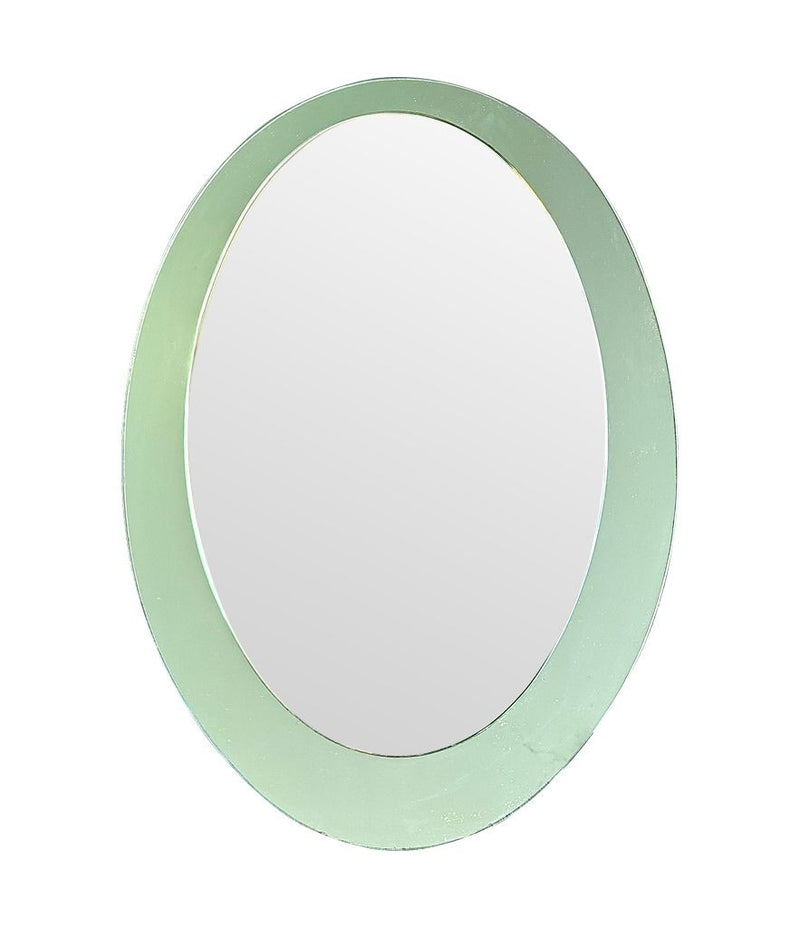 An Italian 1960s Crystal Arte oval mirror with pastel mint green mirrored frame