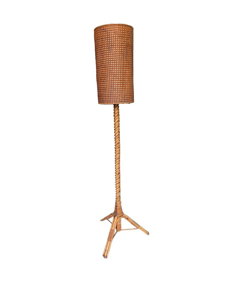 A Mid Century French bamboo floor lamp by Louis Sognot with original bamboo shade - Mid Century Lighting - Mid Century floor lamp