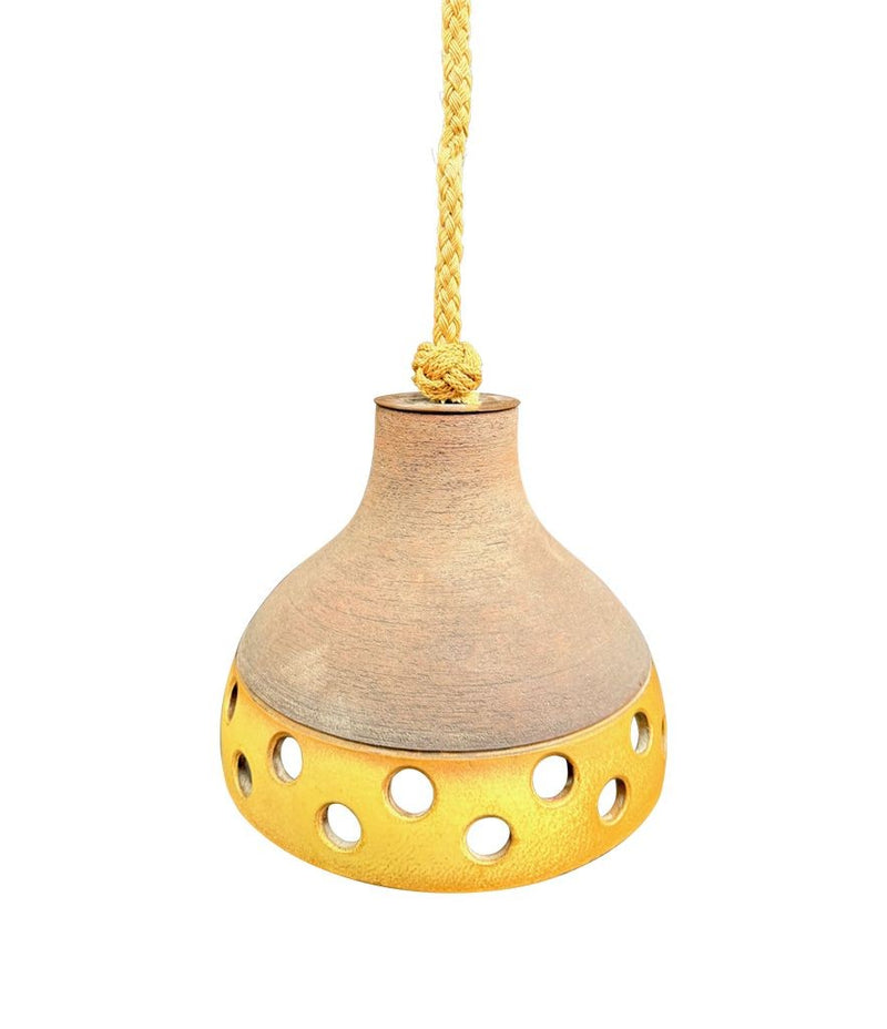 A set of three 1960s French glazed ceramic ceiling lights suspended from thick knotted rope