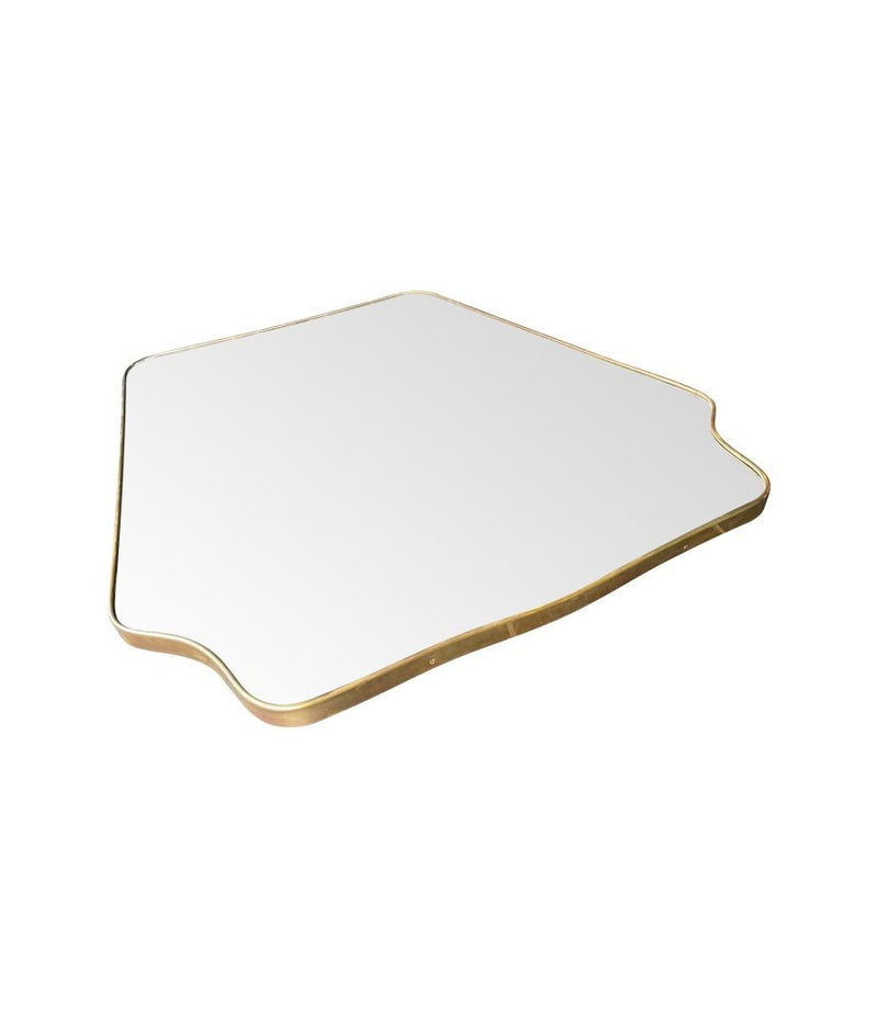 A large original 1950s Italian shield mirror with brass frame, original plate and solid wood back