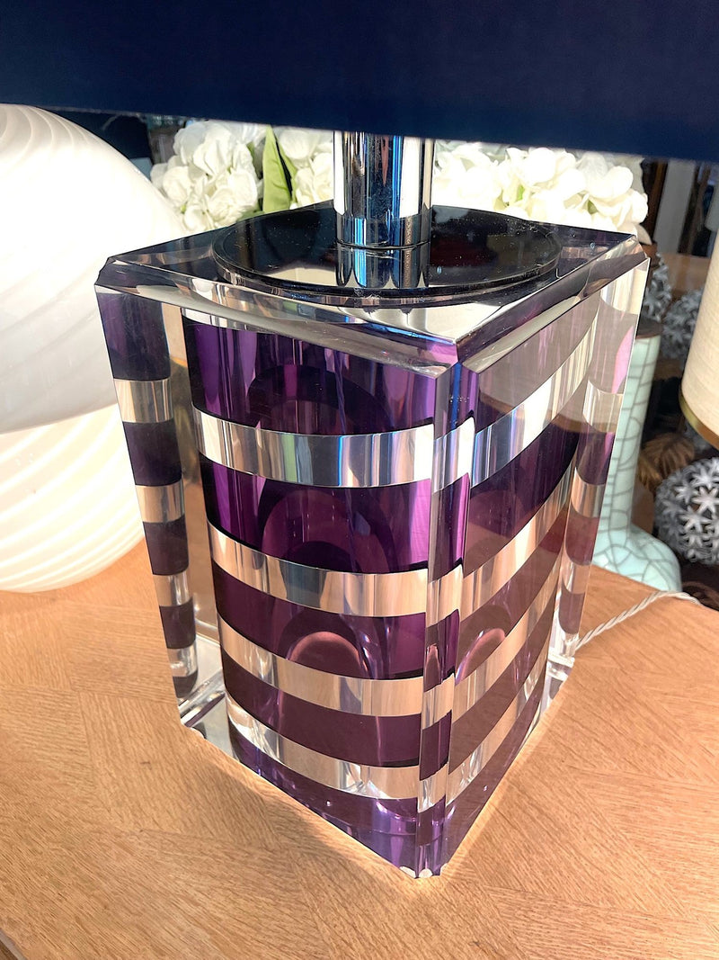 A large Mid Century Table lamp made of lucite and chrome with purple and chrome stripes and a black shade - Mid Century Lighting - 1970s table lamp