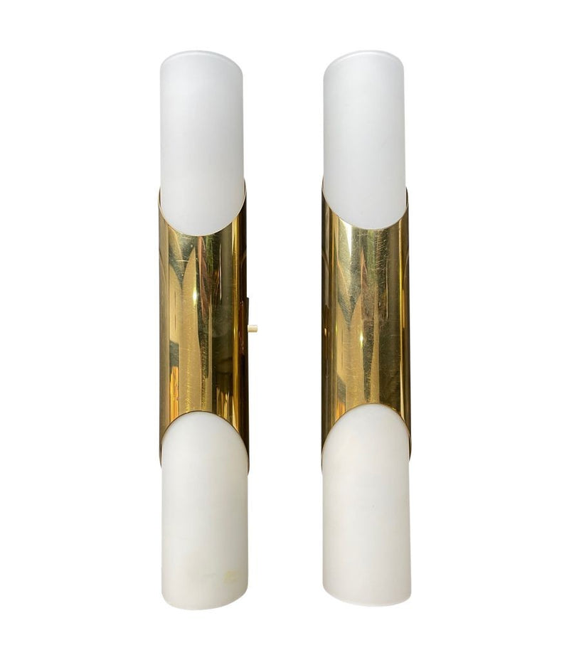 A pair of 1960s Neuhaus Leuchten white oplaine and brass wall sconces