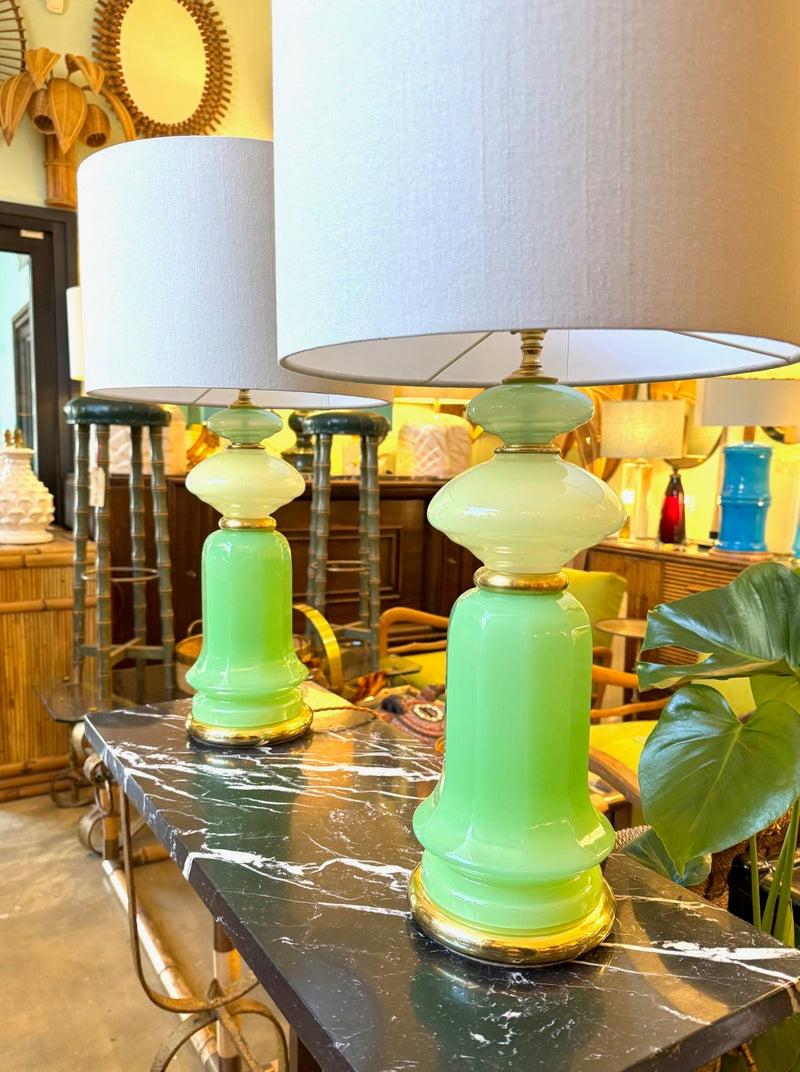 A pair of 1960s Murano glass green opaline lamps with brass base and fittings