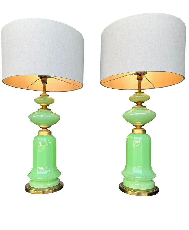 A large pair of 1960s opaline Murano lime green glass lamps by Gino Cenedese