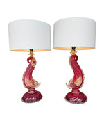 A wonderful pair of 1940s red Murano dolphin lamps by Barovier & Toso