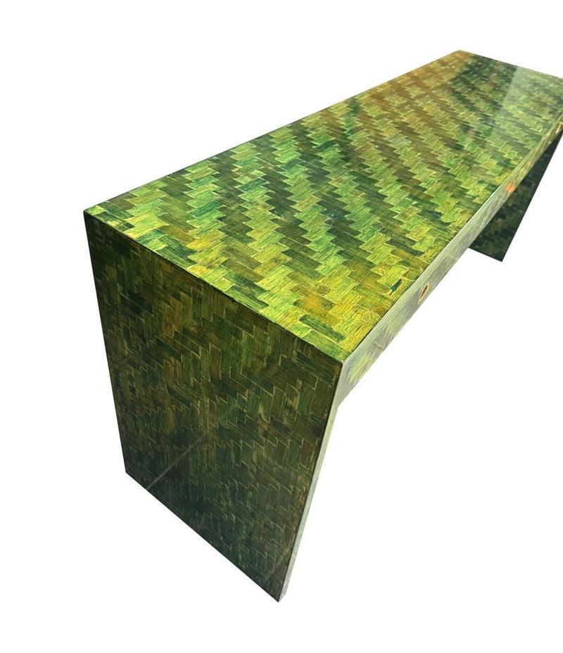 A 1970s woven green rattan three drawer console table by Vivai Del Sud