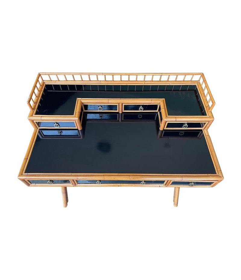 Mid Century Bamboo, brass and black laminate desk with galleried top - Mid Century Furniture - Ed Butcher Antiques Shop London